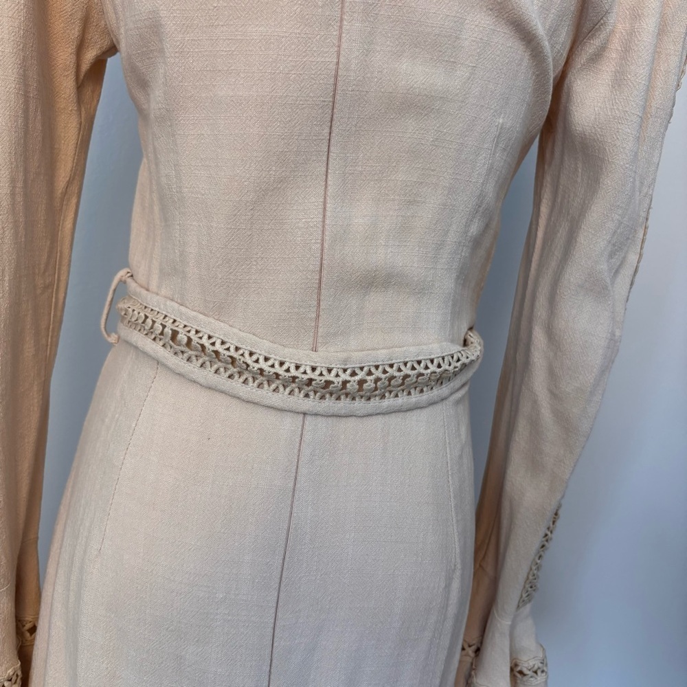 Saints and Secrets Flare Linen Embroidered Flare Cuff Waist Tie Dress Beige Sz S - Picture 13 of 15